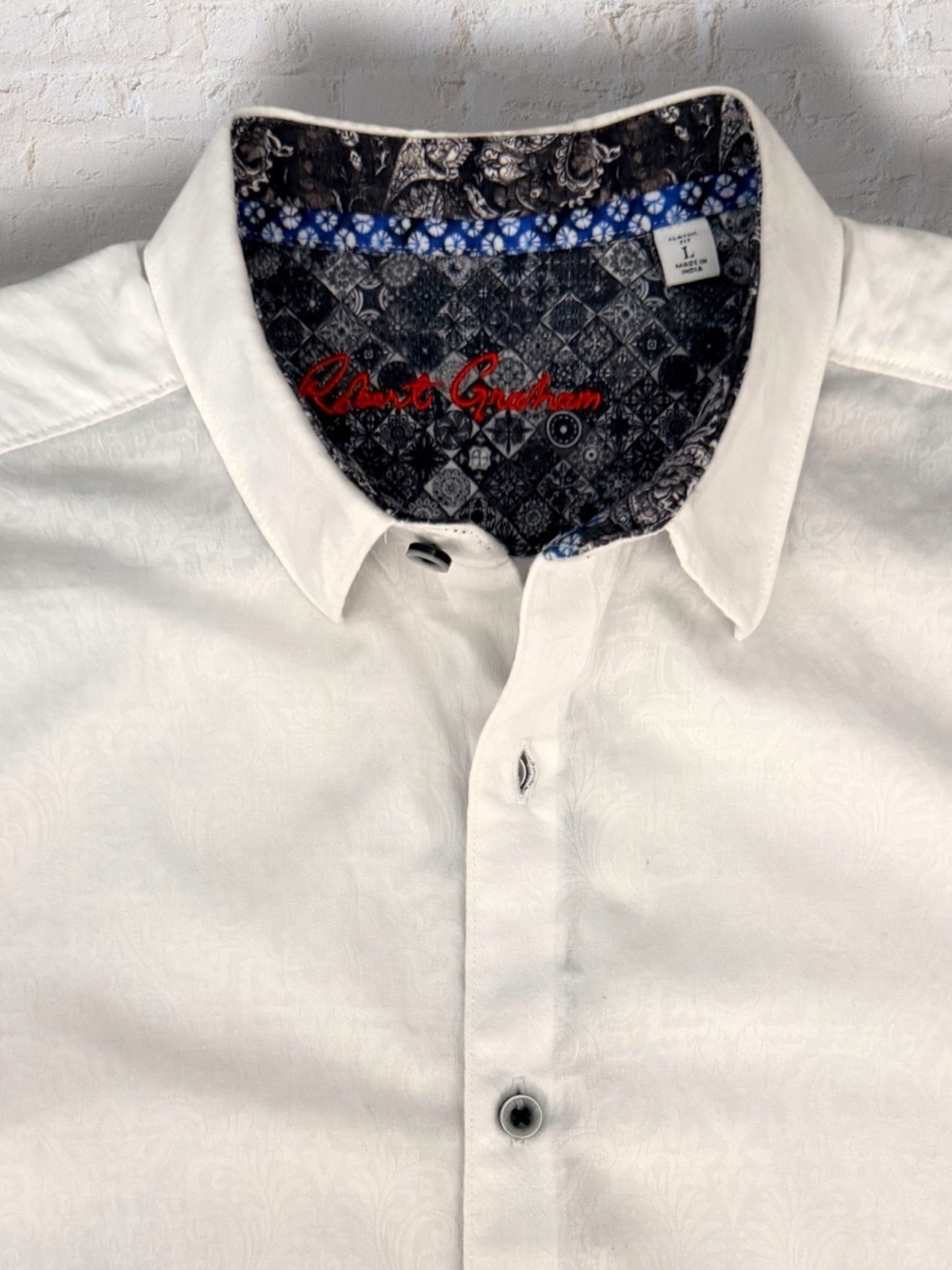 Robert Graham Mens Large White Paisley Jacquard Button Up Short Sleeve Shirt